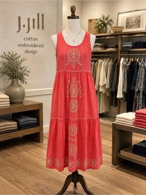 J. Jill Coral Orange Red Embroidered Cotton Tiered Midi Dress